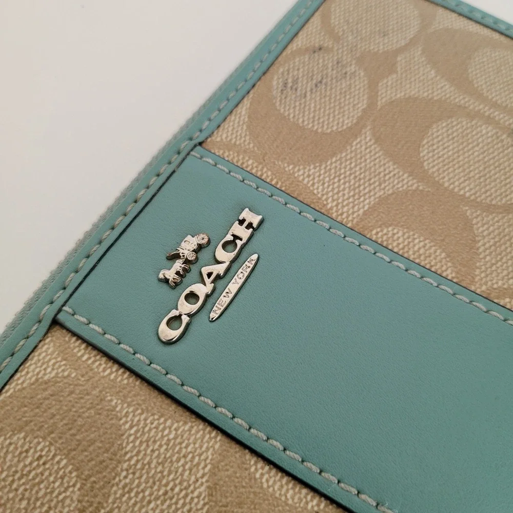 Coach Signature Accordion Zip Wallet Khaki Teal Monogram Canvas Long Wallet